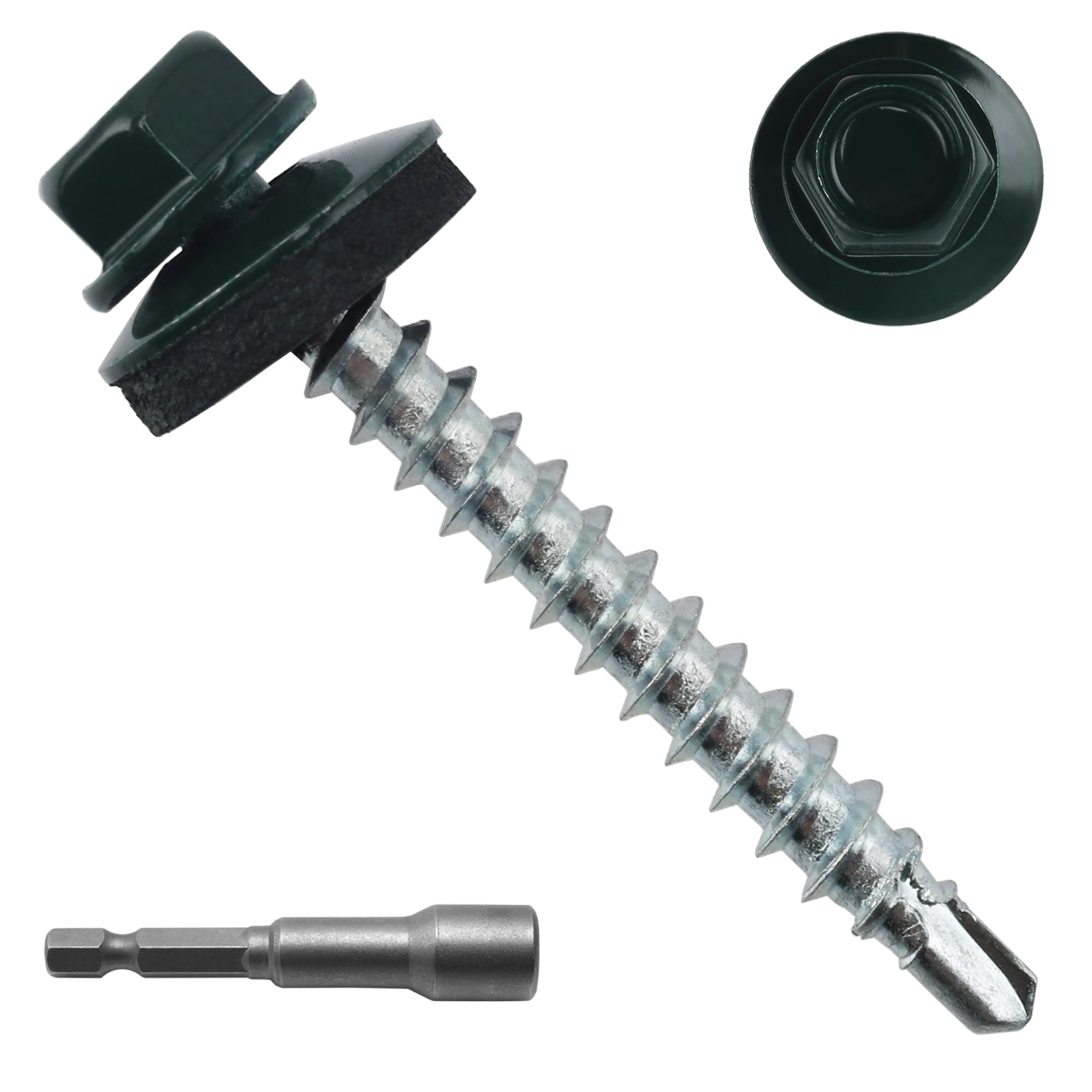 Photo 1 of JEGONFRI 250pcs #10 x 1-1/2" Green Hex Head Self-Drilling Metal Roofing Screws, EPDM Washer, Colored Head, Sheet Metal Roof Screw with Hex Driver Bit