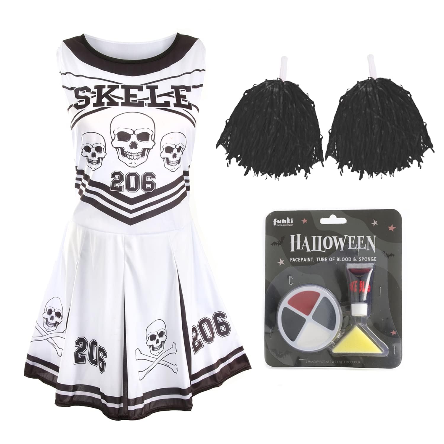 Ladies Halloween Skeleton Cheerleader - XLarge - Black/White Cheerleader Dress with Red Pom Poms, Bloody Tights, Fake Blood and Facepaint