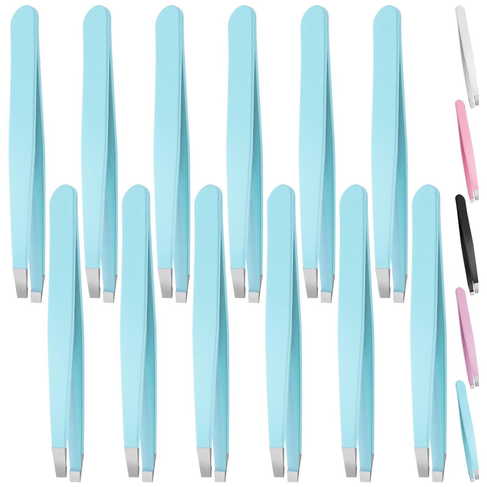 Swpeet 12Pcs 3.79 Inches Blue Stainless Steel Slant Tip Precision Tweezers Kit, Professional Eyebrow Facial and Hair Remover