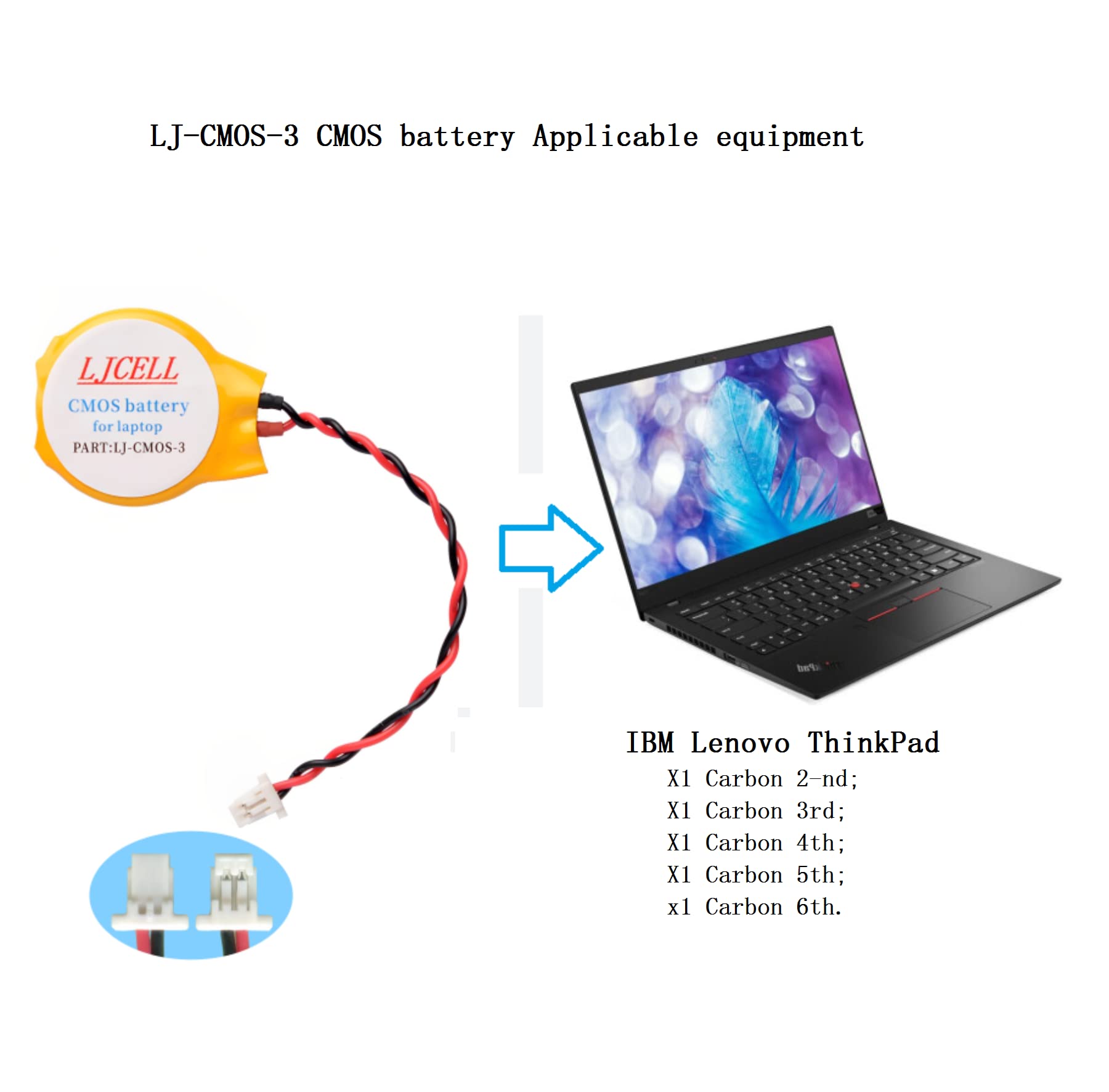 LJCELL CMOS Battery for IBM Lenovo ThinkPad Laptop X1 Carbon 2-nd Carbon 3rd Carbon 4th Carbon 5th Carbon 6th BIOS RTC CR2016 Battery with 2 Wire Cable and Connector