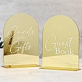 Set of 2 Gold Acrylic Wedding Signs, 5"x7" Gold Mirror Arch Acrylic Table Sign and Base, Modern Font TableTop Reception Sign for Wedding & Party Event (Golden, 5 x7 Inch)