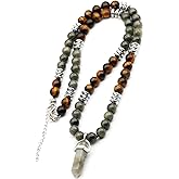 ElisaJewelryArt - Natural Labradorite Pointed Pendant Tiger Eye And Labradorite Stone Beaded Necklace Genuine Gemstone Spiritual Stone Clasp Closure Necklace Unisex Necklace