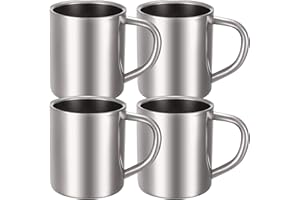 Cunhill 4 Set 10oz/300ml Stainless Steel Coffee Mug with Handle Metal Double Walled Cups Camping Mug Dishwasher Safe Tea Cups for Home Camping Travel Outdoors RV Keep Drinks Hot