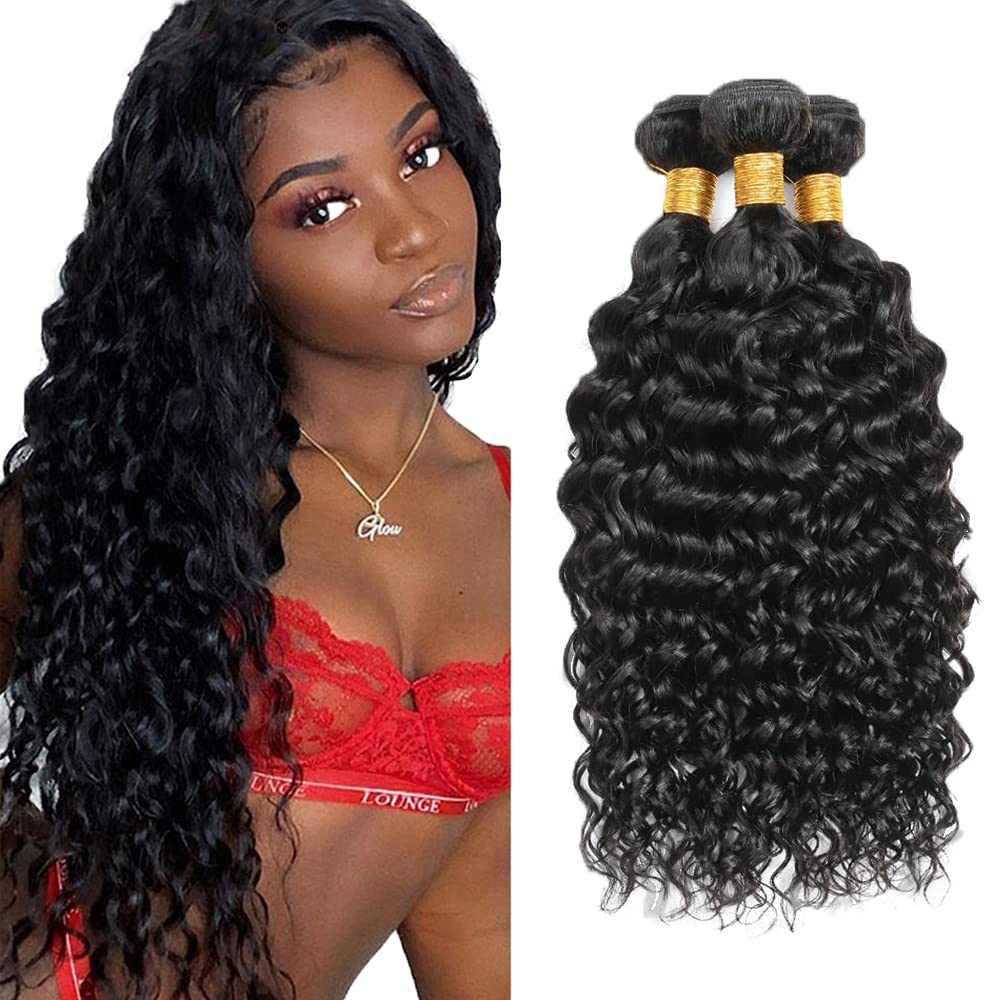 Photo 1 of 1B Water Wave Bundles Human Hair 10 12 14 Inch Natural Black Water Wave Bundle Human Hair Extensions Unprocessed Virgin Remy Hair 3 Bundle 100 Gram Per Bundle For Women