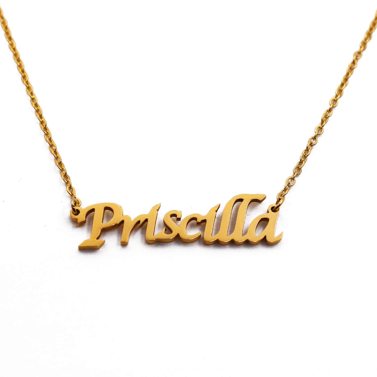 Kigu Priscilla Personalised Name Necklace 18ct Gold Plated, Custom Dainty Name Pendants, Jewellery for Ladies, Girlfriend, Mother, Sister, Friends