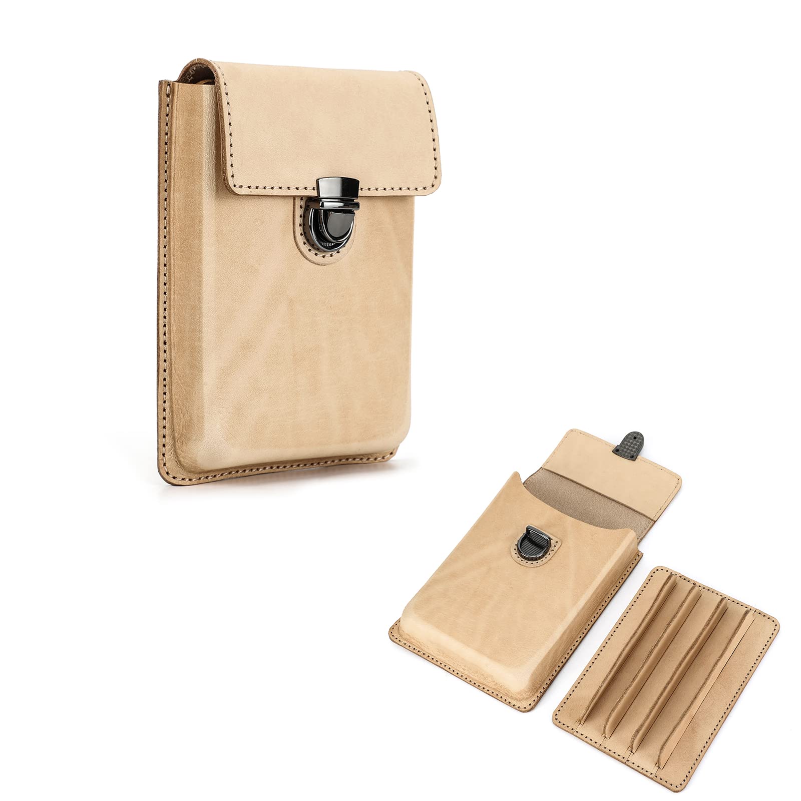 Hiram Leather Pen Case for 5 Pens Portable Genuine Leather Fountain Pens Storage Case with Secured Brass Lock Closure and Type Removable Pen Tray Design (Apricot)