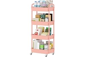 Sywhitta 4-Tier Plastic Rolling Utility Cart with Handle, Multi-Functional Storage Trolley for Office, Living Room, Kitchen, Movable Storage Organizer with Wheels, Pink