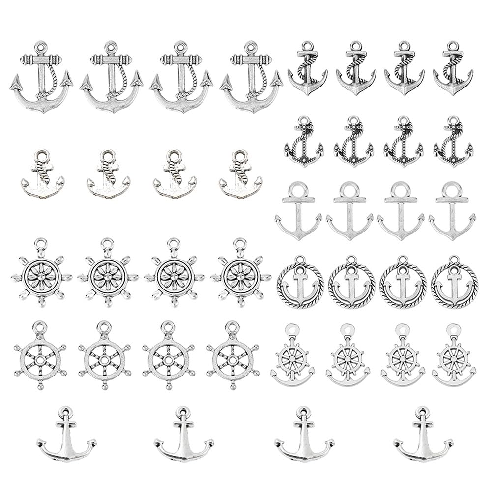 SUNNYCLUE 1 Box 100Pcs 10 Style Tibetan Style Alloy Nautical Anchor Charms 10 Styles Navigation Alloy Rudder Charm Sailor Anchor Pendants for Jewellry Making Charms Bracelets Keychain Craft Supplies