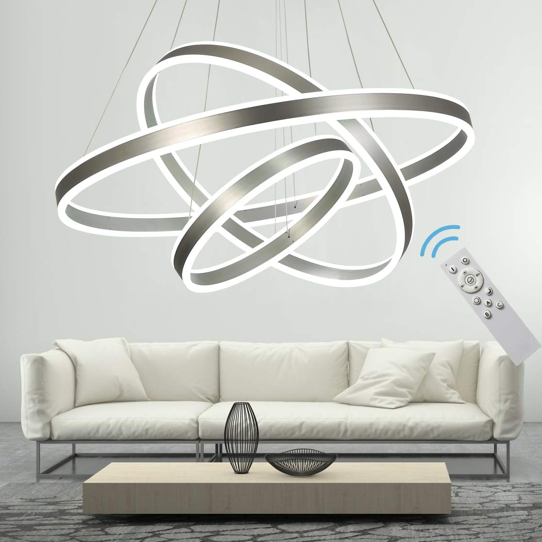 Photo 1 of AKEELIGHTING Modern LED Chandelier Dimmable 3 Ring Pendant Lighting Adjustable Contemporary Ceiling Hanging Light Fixture with Remote Control for Kitchen Foyer Dining Room Nickel 113w