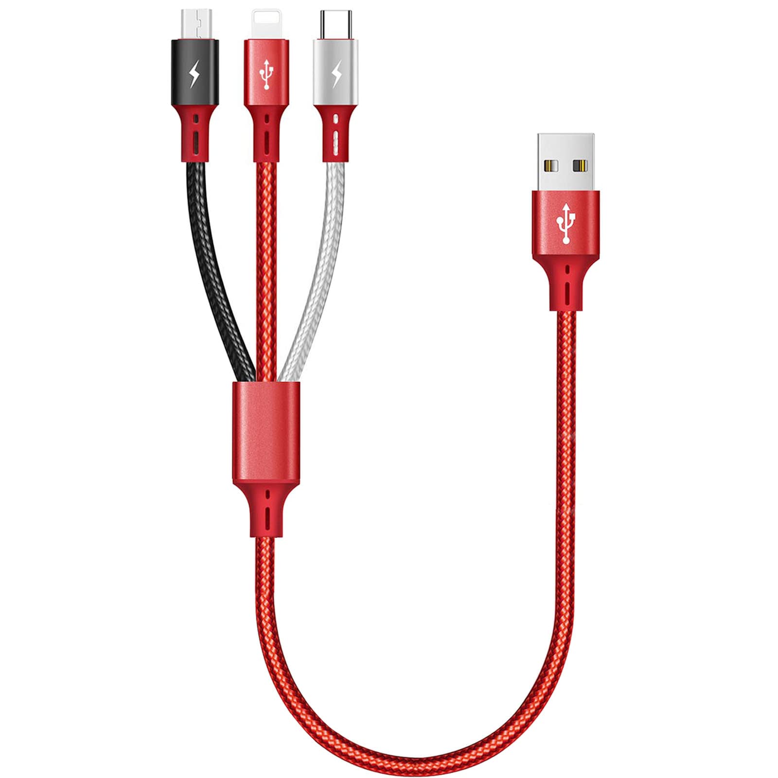 ASICEN Multi Charger Cable, [35CM] Micro USB Charger, 3 in 1 USB Multi Charger Cable, Short Phone Charging Cable with iP/Type C/Micro USB for iPhone 17/16/15/Android Galaxy/Pixel/LG/Tablets-Red