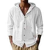 QOSOQ Linen Shirts for Men Casual Long Sleeve Button Down Shirts with Pocket Hoodies Shirt Lightweight Fashion Tops Vacation