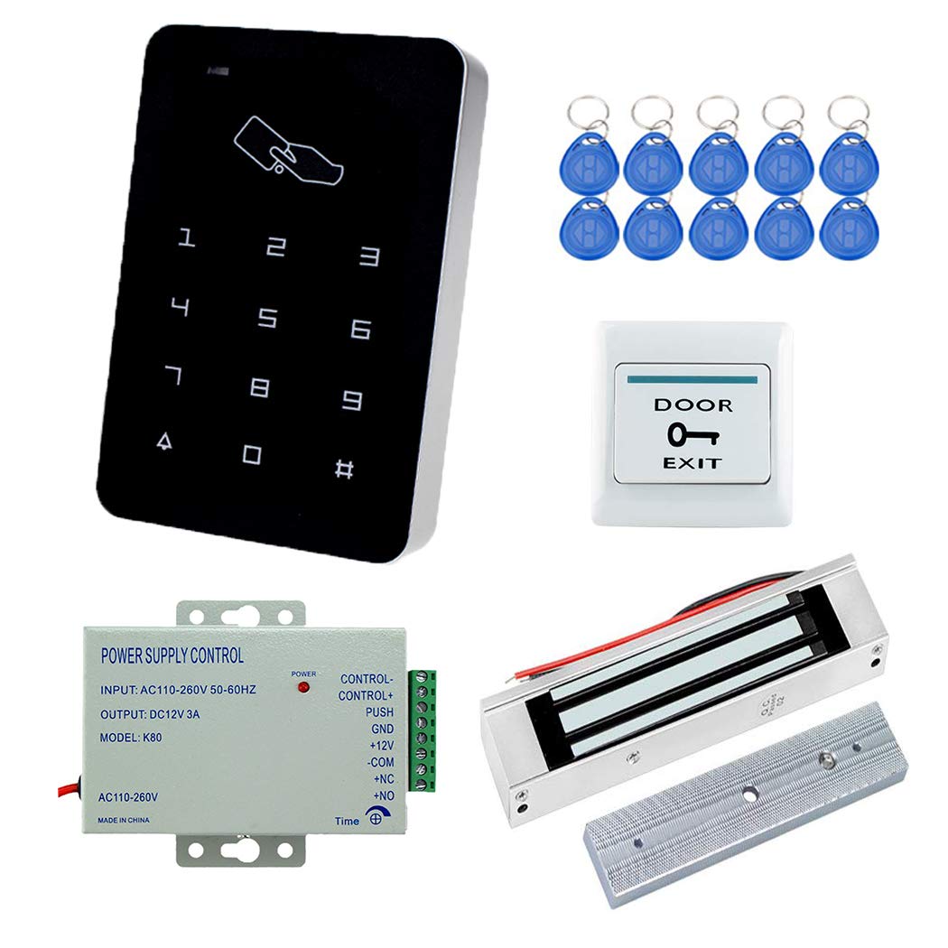 YAVIS Full Set Door Entry Access Control System Kit Controller Keypad 125KHz Reader + 180kg / 350lbs Electric Magnetic Lock + DC12V Power Supply+Exit Button+10pcs RFID Key fobs