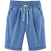 Long Shorts for Women Knee Length Linen Bermuda Shorts Baggy Casual High Waist Drawstring Wide Leg Beach Resort Pants