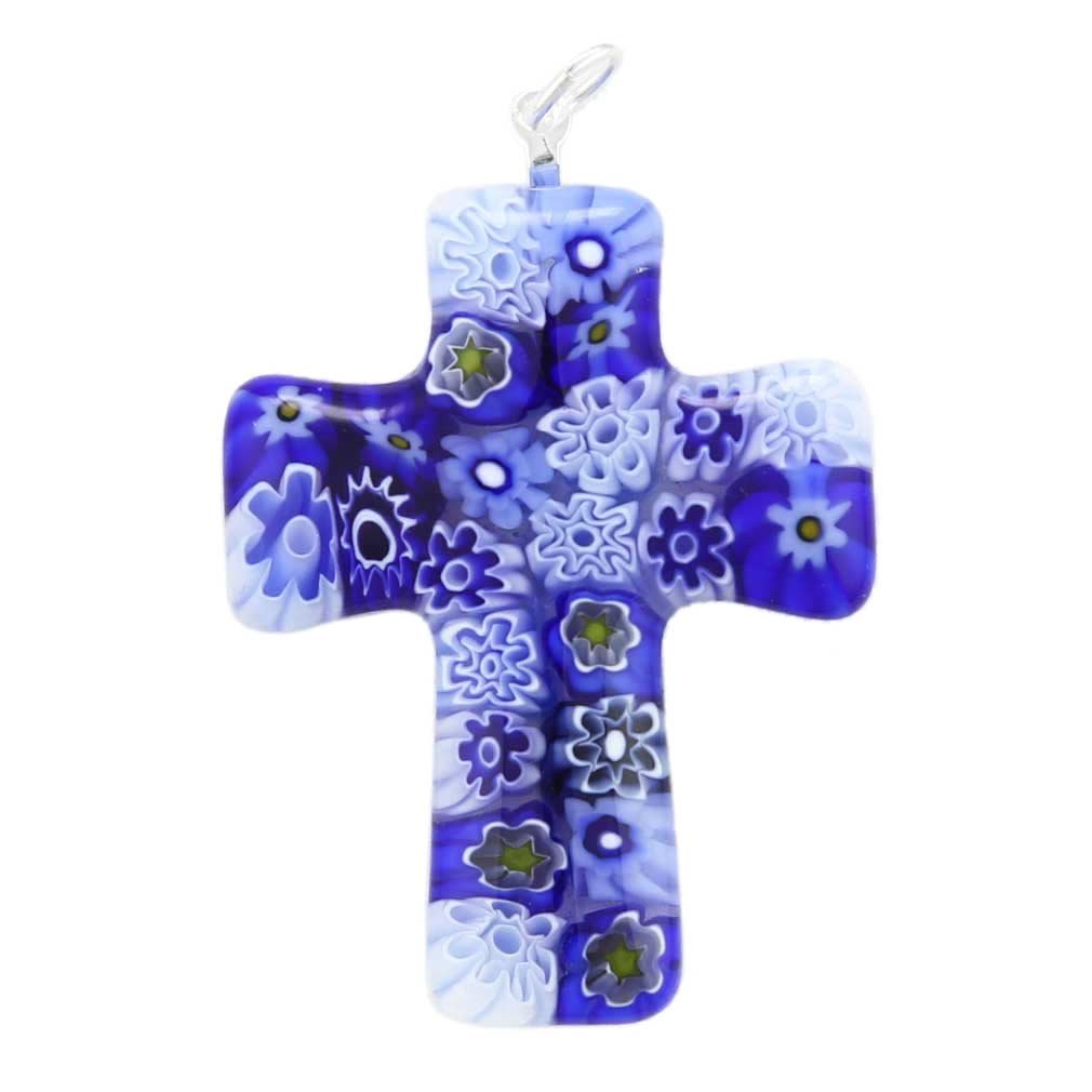 Glass Of Venice Murano Glass Blue Millefiori Cross Pendant