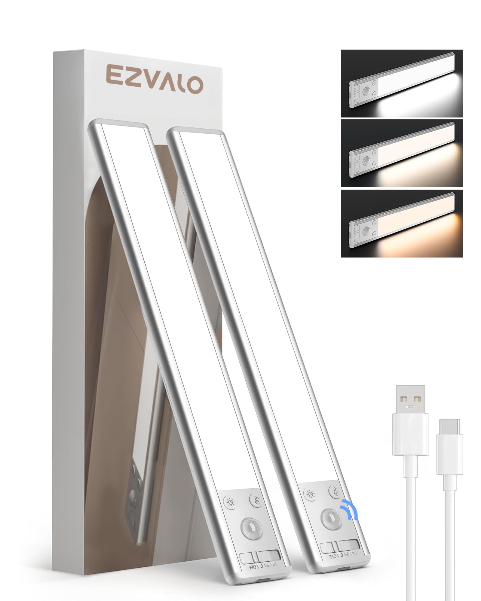 Photo 1 of EZVALO 10inch Under Cabinet Lighting, 2500mAh Rechargeable Motion Sensor Lights Indoor with 3 Color Temps, 2 Pack Magnetic Closet Light, 80 LED Dimmable Under Counter Lights for Kitchen, Shelf, Stair