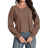 Long Sleeve Crop Tops for Women Loose Cropped Tshirt V Neck Tees Casual Cotton Athletic Workout Shirts