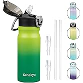 Konokyo Insulated Water Bottle with Straw and Carry Loop,18 oz Stainless Steel Double Wall Vaccum Metal Water Flask with Leak-proof Lid,Matcha Green