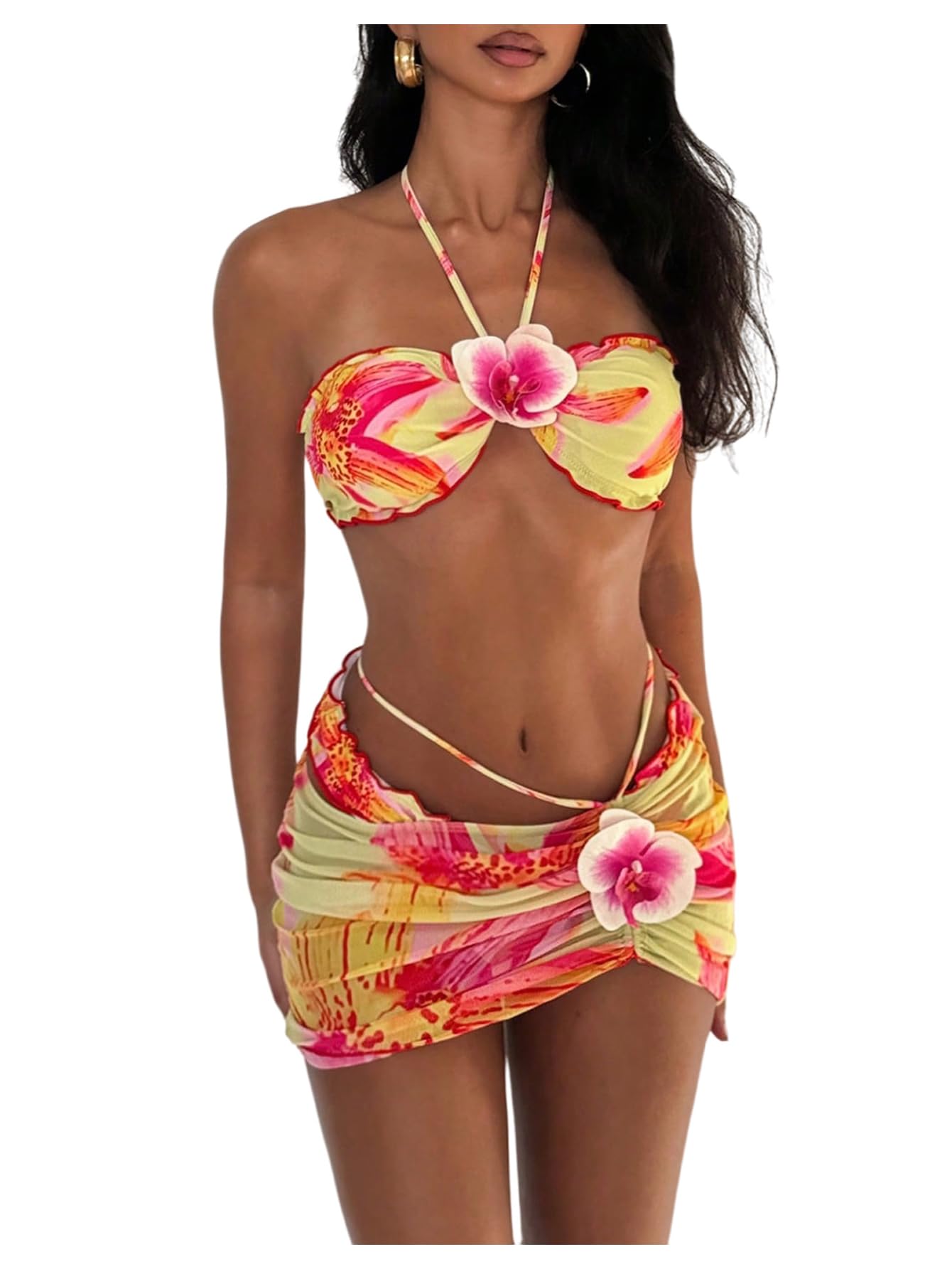 Photo 1 of SOLY HUX Women's 3 Piece Swimsuit Floral Halter Bikini Set Beach Vacation Bathing Suit with Drawstring Cover Up Skirt Multicoloured Floral Small