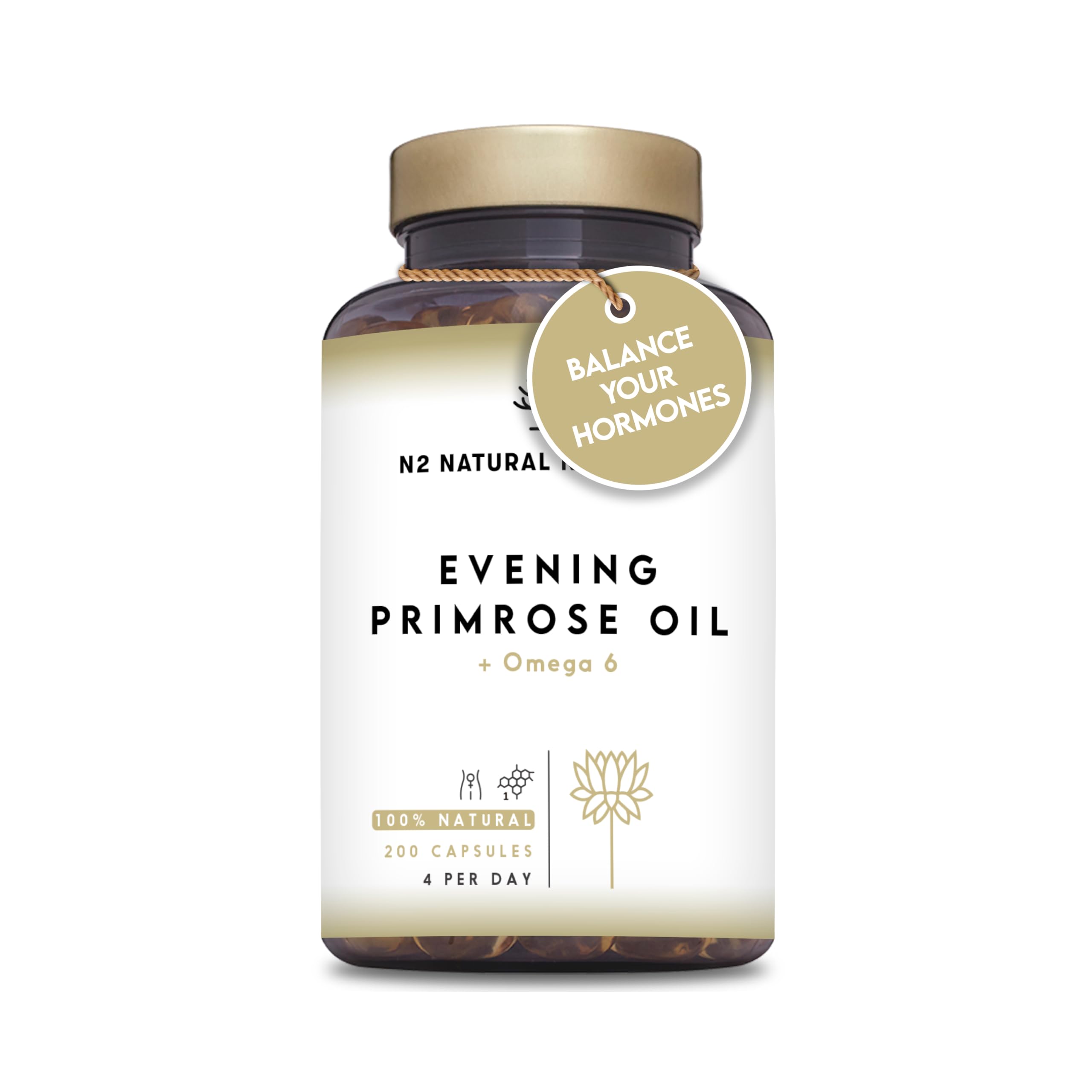 Evening Primrose Oil 2000 mg per dose, GLA Omega 6 200mg + Vitamin E. 200 High Strength Softgels, Easy Swallow, Cold Pressed. Menopause, Skin and Nails Care. Made in EU. N2 Natural Nutrition.