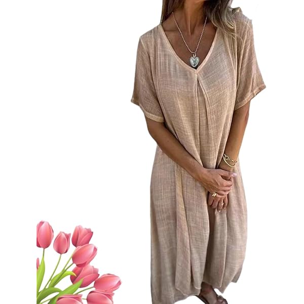Women's Casual Summer Cotton and Linen Dress,Cotton and Linen V-Neck Midi  Dress, Dress, Linen Dresses for Women (Apricot,Small) at Amazon Women's  Clothing store