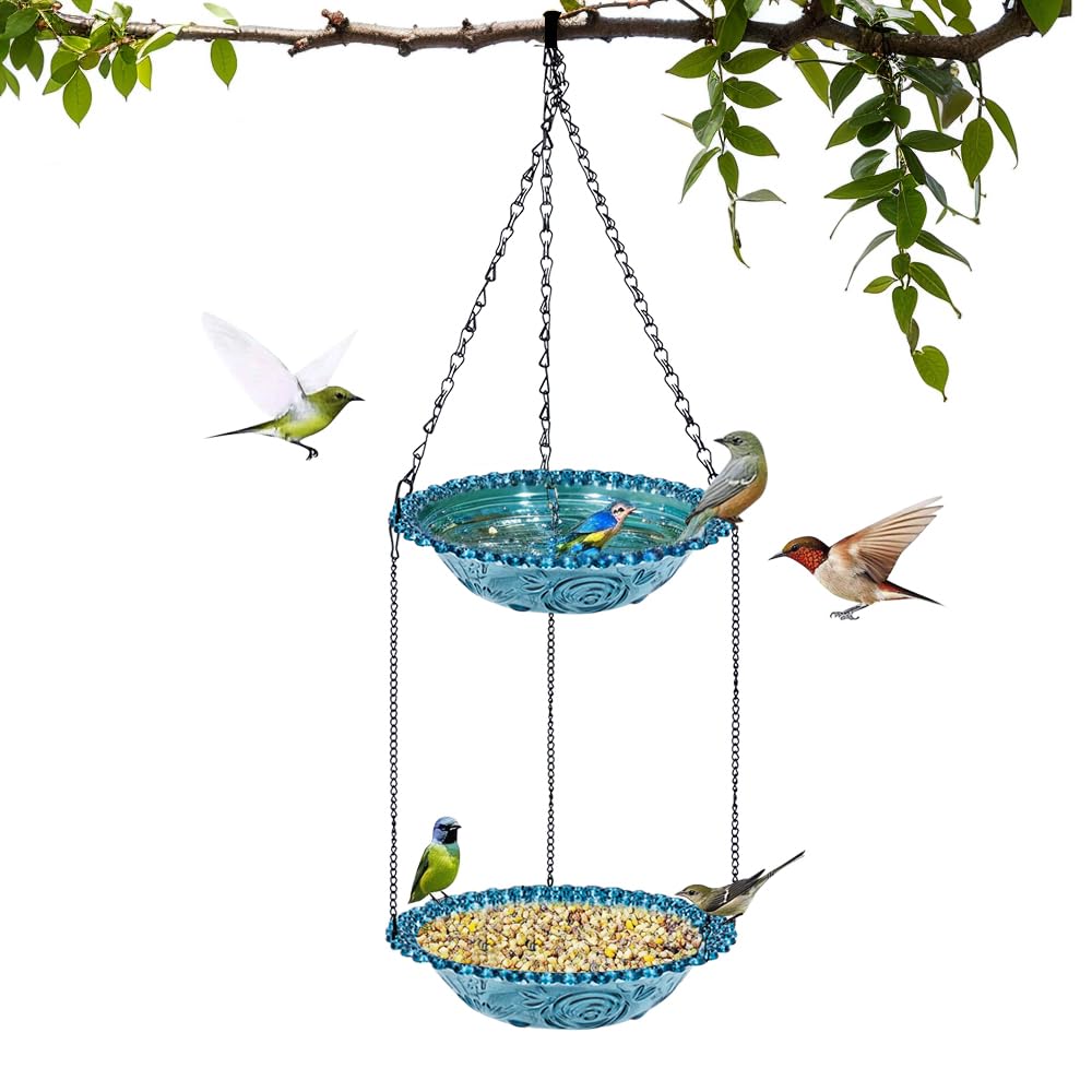 WodGod Premium Glass Bird Bath, Hanging Double Layer Garden Decoration for Yard and Outdoor