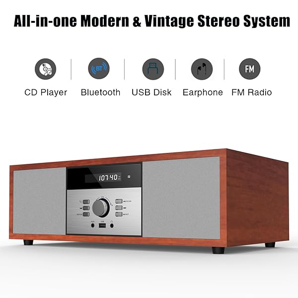 NOSTALGIC BLUETOOTH STEREO SYSTEM FOR HOME, WISCENT VINTAGE MICRO HIFI SYSTEMS CD PLAYER,WITH BLUETOOTH AUDIO STREAMING,FM RADIO,USB PORT,AUX-IN,EARPHONE PORT (BROWN)