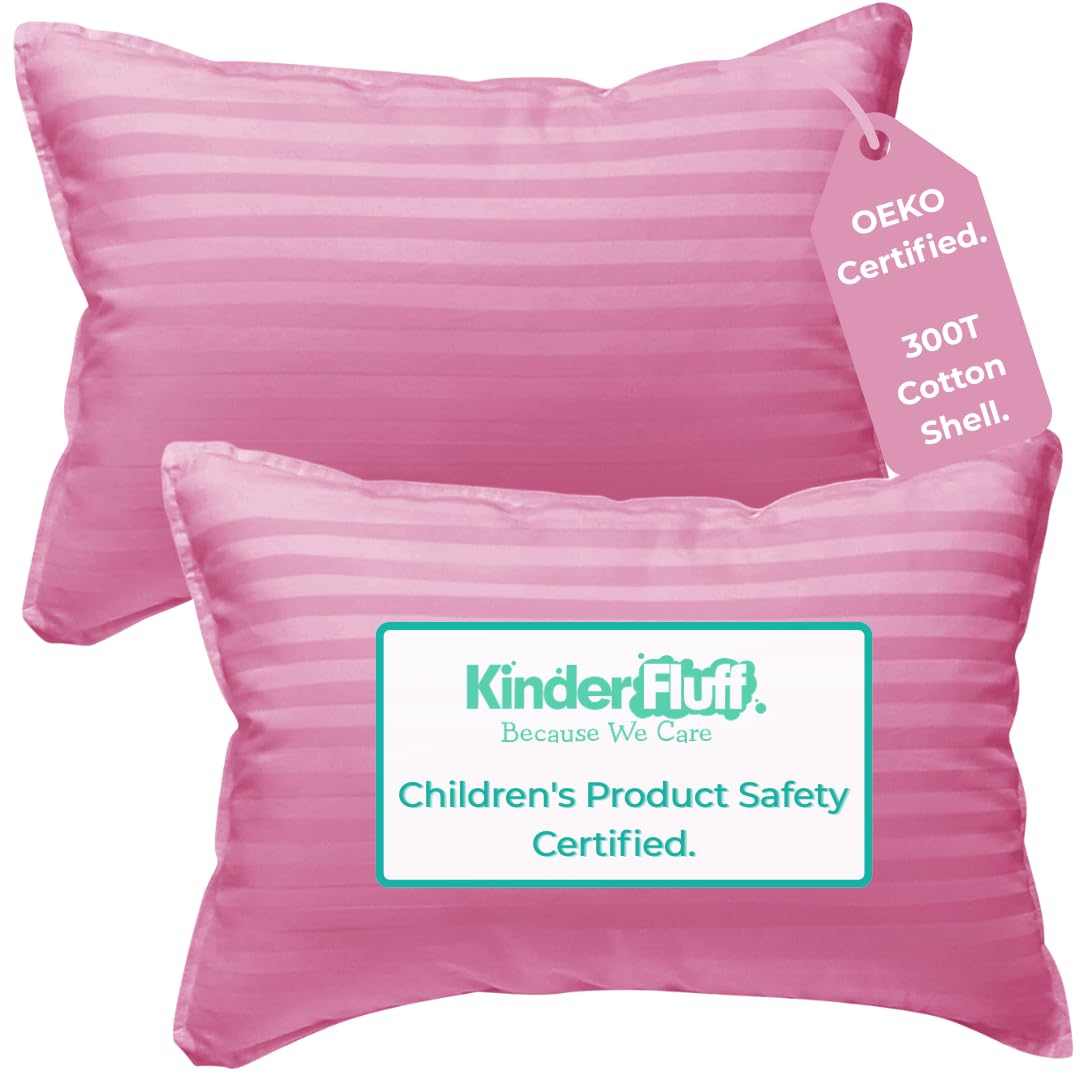 kinder Fluff Children Pillows (2pk) - The only Cushion for Kids 300T Soft Cotton & Down Alternative Fill - Hypoallergenic, Machine Washable, Ideal Pillow for Kids Bed & Travel Pillow (43x66cm- Pink)