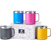SUNWILL Travel Coffee Mugs Set of 4, Insulated Tumbler with Lid, 14oz Stainless Steel Cup with Handle Bulk for Gift, Camping, Office, Powder Coated Charcoal, Royal Blue, Magenta, Yellow