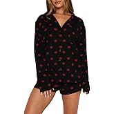 RUEWEY Women 2 Piece Pajamas Set Button up Long Sleeves Shirt and Elastic Shorts Set Loungewear Soft Sleepwear