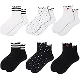 MarJunSep Ruffle Frilly Ankle Socks for Women Teen Girls Cute Crew Socks Striped Dots Heart Ribbed Thin Cotton Socks