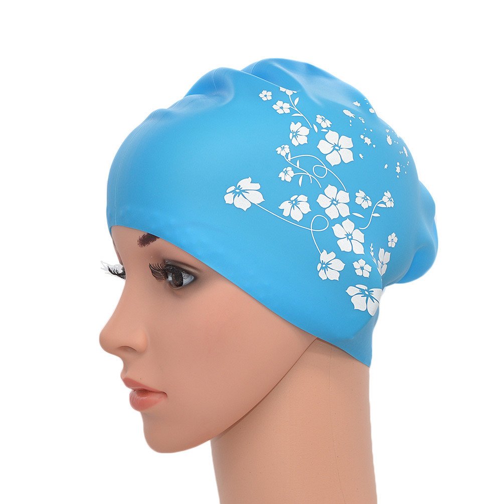 Medifier Women Ladies Elastic Silicone Water Pool Swimming Hat Cap Ear Wrap Hat for Long Hair Adults Sakura Print (Sky Blue)