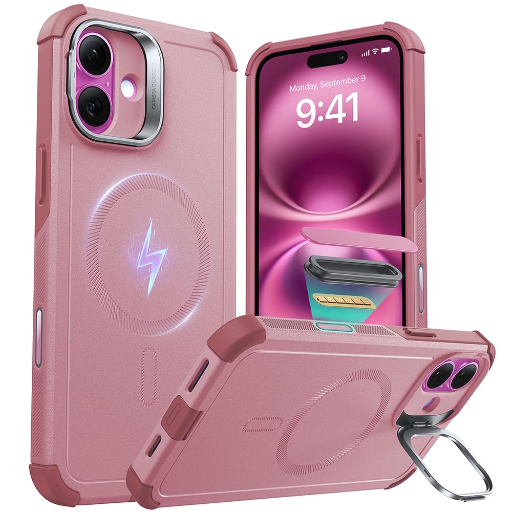 Photo 1 of ESR for iPhone 16 Case with Stash Stand, Camera Control, 23FT Military-Grade Shock-Absorbing Drop Protection, Compatible with MagSafe Accessories, Magnetic Cyber Series, Pink
