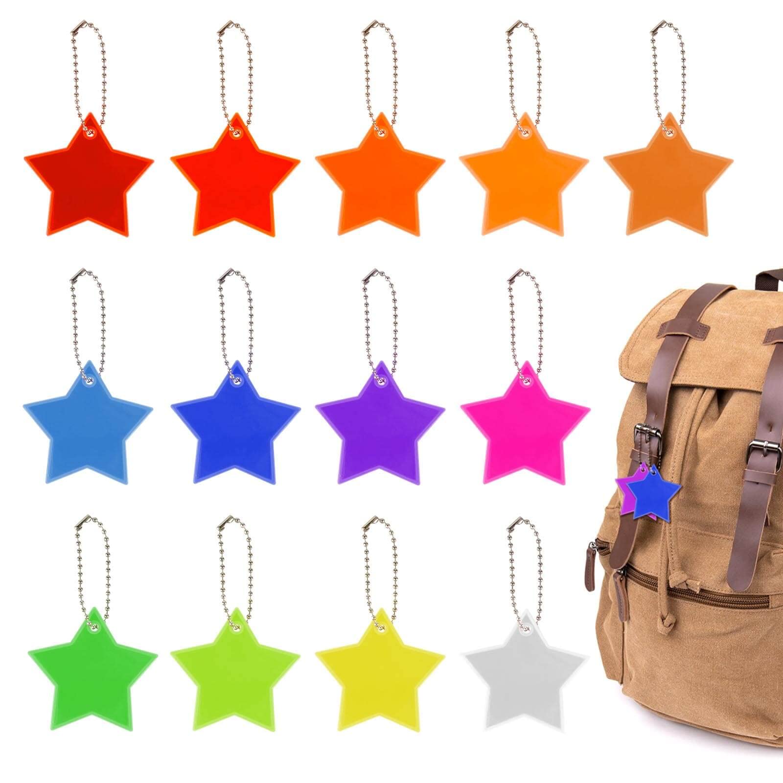 AWAVM 13 Pieces Star PVC Reflective Pendant, Star Reflective Key Chain, Night Safety Reflector (13 colors)