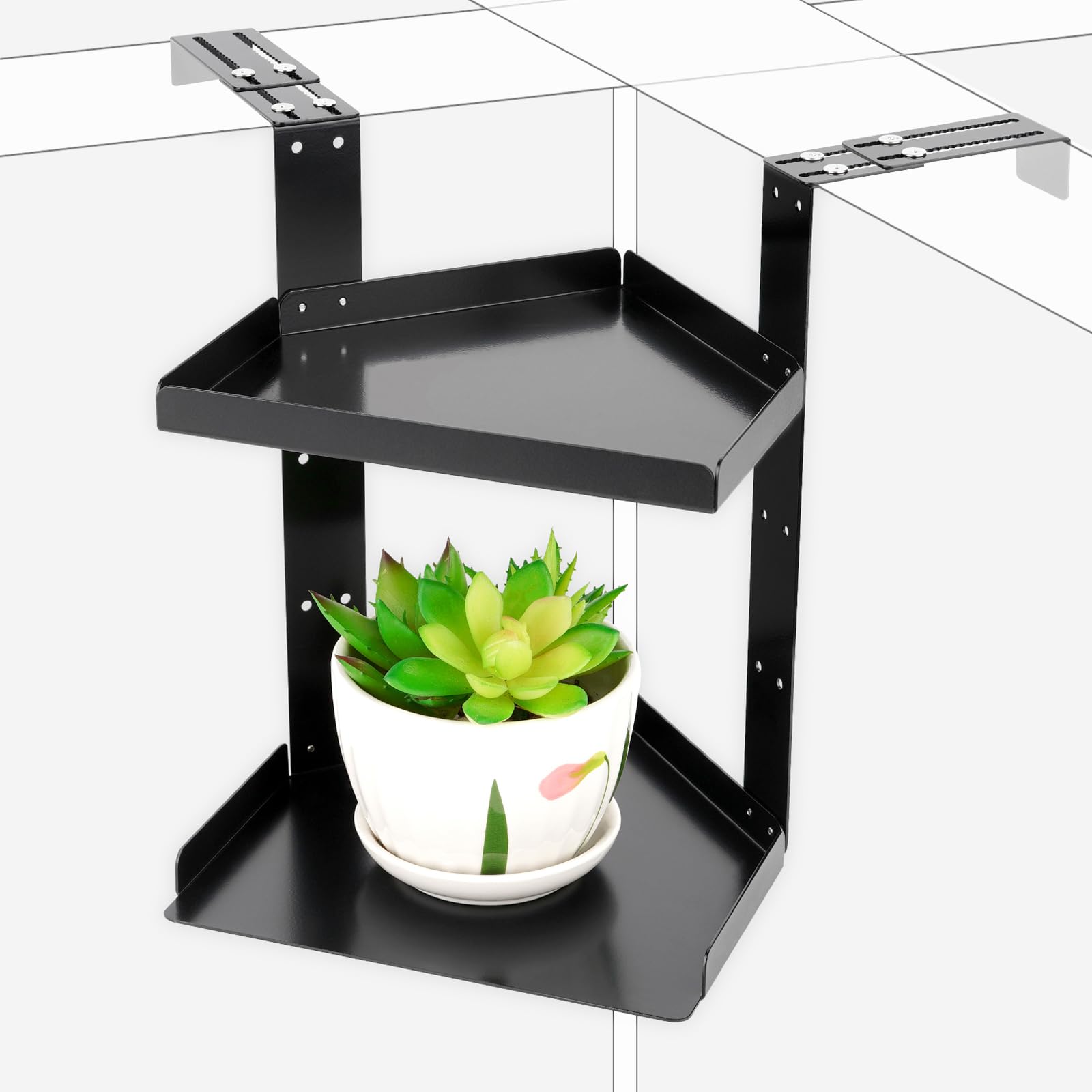 Photo 1 of Olpchee Office Cubicle Shelf Storage Organizer Accessories Height Adjustable Cubicle Corner Shelf with Hooks (Black, Double Layer)