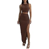 ELLEVEN Sexy 2 Piece Maxi Skirt Sets for Women - Knit Bodycon Crop Tank Top and High Slit Skirt Dress Set, Summer Outfits