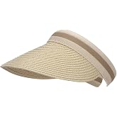 Straw Sun Visors Hats for Kids Embroidered Boys and Girls Wide Brim Roll Up Ponytail Open Top Cap