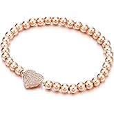 COOLSTEELANDBEYOND 18K Rose-Gold-Plated Beads Link Charm Bracelet for Women with Cubic Zirconia Heart Charm, Polished