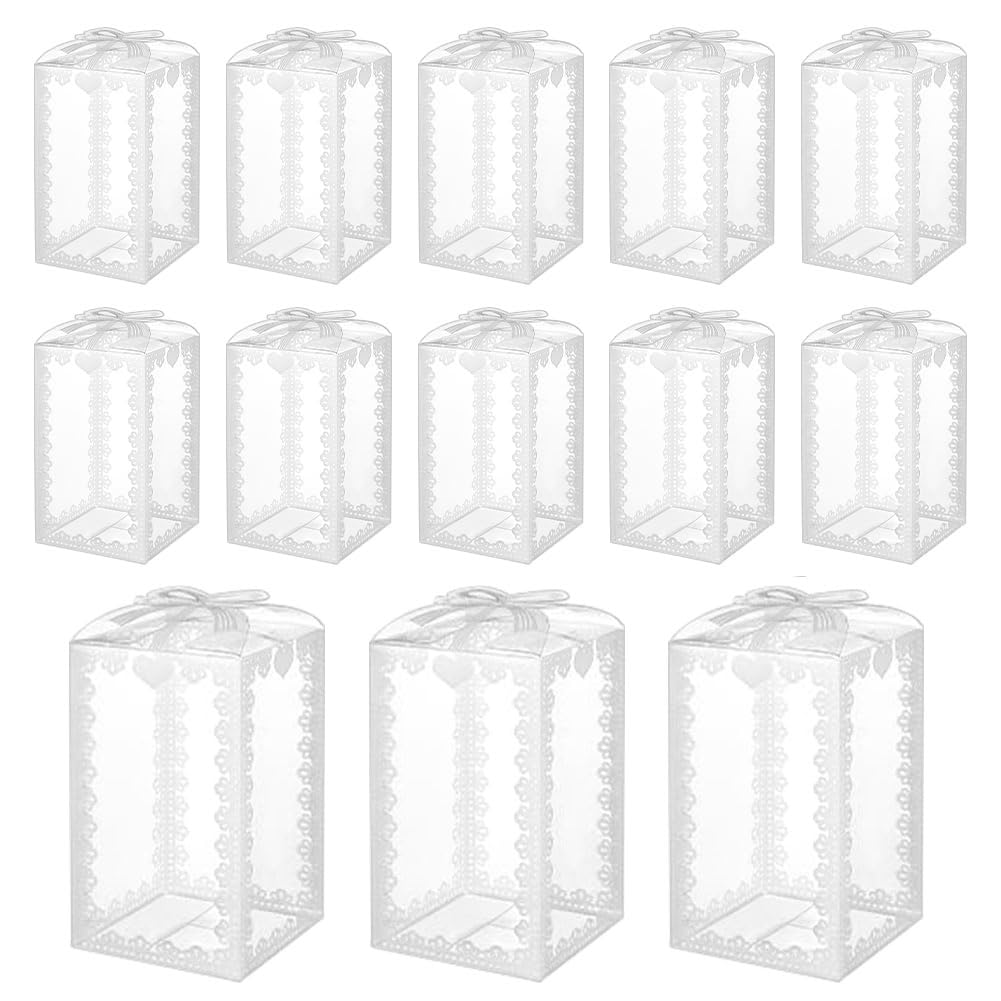 BENECREAT 60pcs Clear Gift Boxes 12x7x7cm PVC Treat Favor Boxes with White Bowknot Lace for Candy Chocolate, Wedding Party Favors, Valentine's Day Festival Gift Packaging