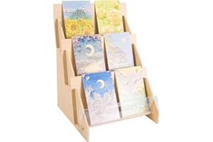 SSYYGET Greeting Card Display Stand, 3 Tier Postcard Display Stand, Portable Card Display Rack, Wooden Retail Display Holder, Magazine Organizer Rack, Sticker Display Stands (3 Tier)