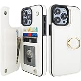 ONETOP for iPhone 15 Pro Max Wallet Case with Card Holder, 360° Rotation Ring Kickstand RFID Blocking PU Leather Double Magnetic Clasp Shockproof Cover for Women and Girls 6.7 Inch (White)