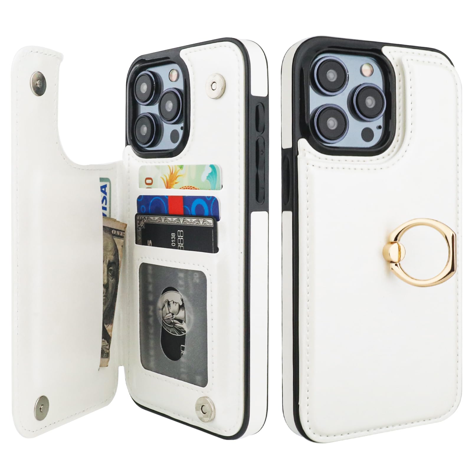 Photo 1 of ONETOP for iPhone 15 Pro Max Wallet Case with Card Holder, 360° Rotation Ring Kickstand RFID Blocking PU Leather Double Magnetic Clasp Shockproof Cover for Women and Girls 6.7 Inch (White)