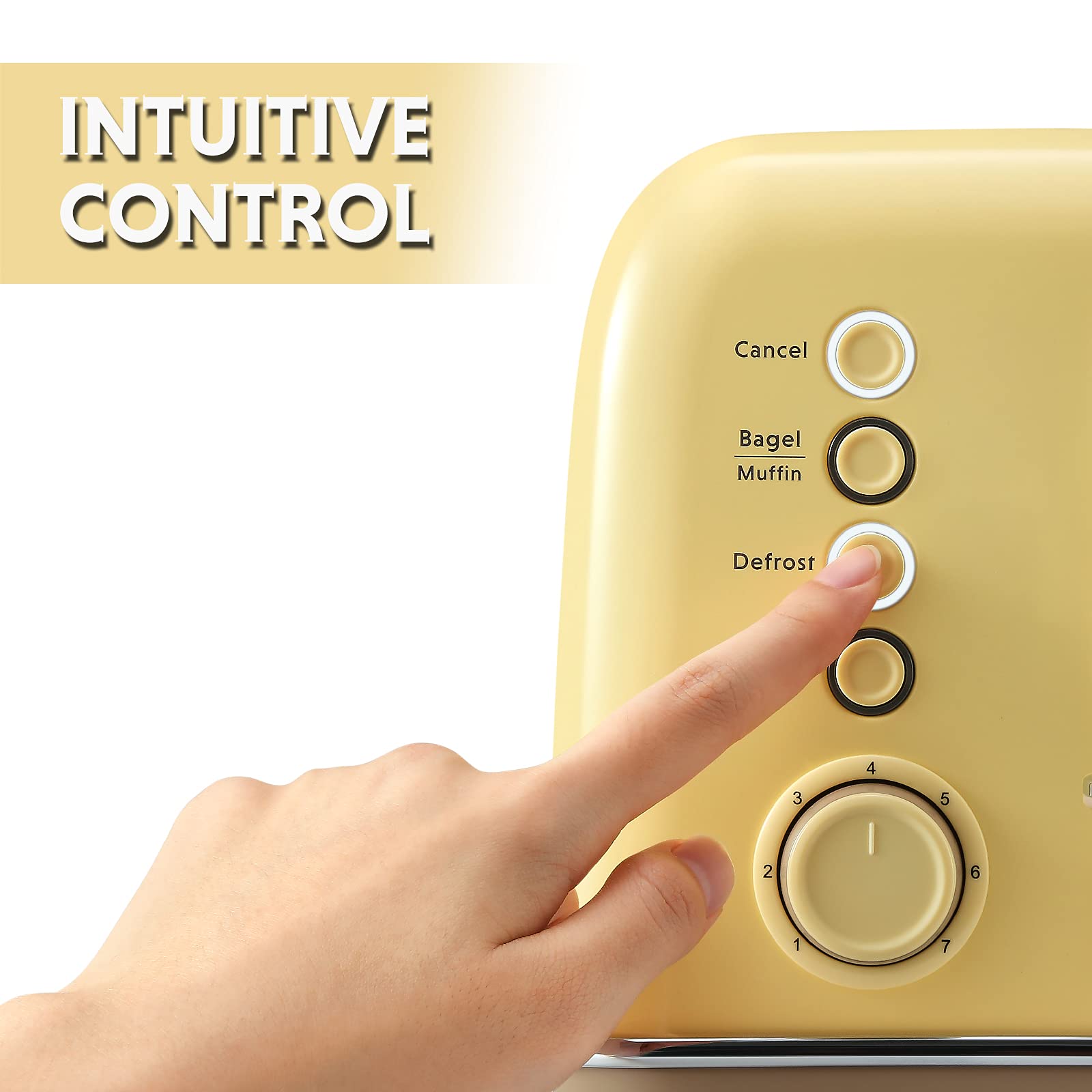 BUYDEEM DT620 Tostadora de 2 rebanadas, ranuras extra anchas, acero inoxidable retro con palanca de elevación alta, función de bagel y muffin, bandeja para migas extraíble, ajustes de 7 tonos, amarillo suave