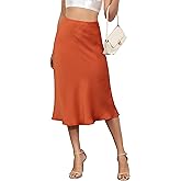 ALCEA ROSEA Womens Satin High Waisted Silky Midi Skirt Elastic A-line Skirt for Wedding Party Work