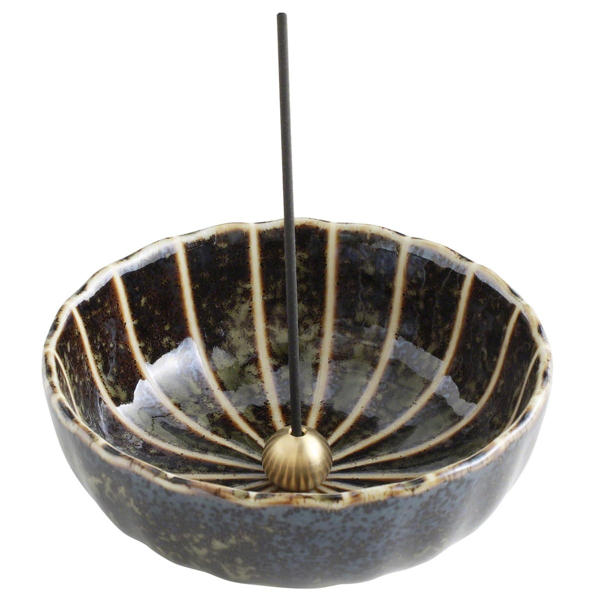 Asayu Japanese Lotus Incense Holder for Sticks 4.1 inch (105 mm), Traditional Made in Japan Ceramic Ash Catcher and Brass Incense Burner Set - Green Lotus