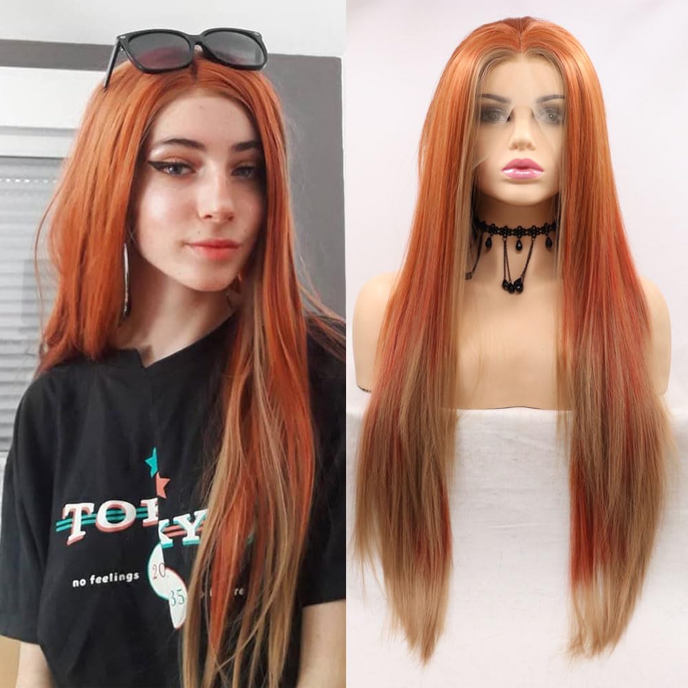 Xiweiya 13x3 Lace Wigs Ginger Orange Ombre Blonde Brown Hair Tips Long Wavy Synthetic Lace Front Wig Natural Hairline Wig for Fashion Women Wear, Heat Resistant Fiber Halloween Cosplay Wigs — image 1