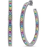 Rainbow Hoop Earrings for Women, 925 Sterling Silver Post Multi-Color Cubic Zirconia 14K Gold Plated Inside-Out Big Circle Hoops Earrings Jewelry Gifts for Women Sensitive Ears