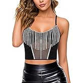 Mocure Women's Sexy Pearls Beaded Bikini Bra Top Shiny Rhinestone Halter Banadage Tank Top Swimsuit for Rave Party Clubwear