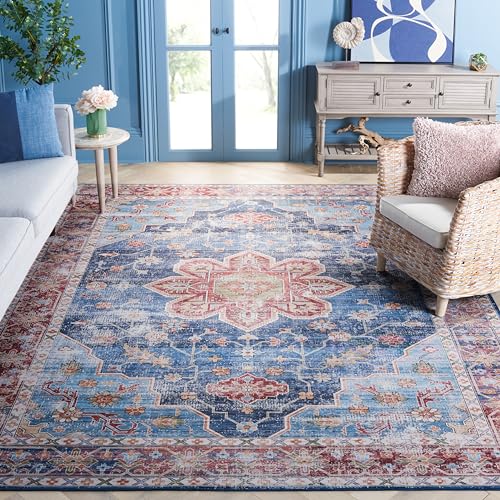 SAFAVIEH Washable Rug Tucson Collection - 9' x 12', Blue & Rust, Slip Resistant & Easy to Clean, Ideal for Living Room, Bedroom, Dining Space (TSN110M) at Amazon