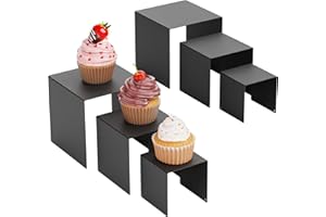 NEETBU Matte Metal Display Stand,6 Pcs 2 Set Display Risers for Display, Metal Rectangular Display Shelf for Showcase, Dessert, Toys, Perfume (Black, 3''x4''x5)