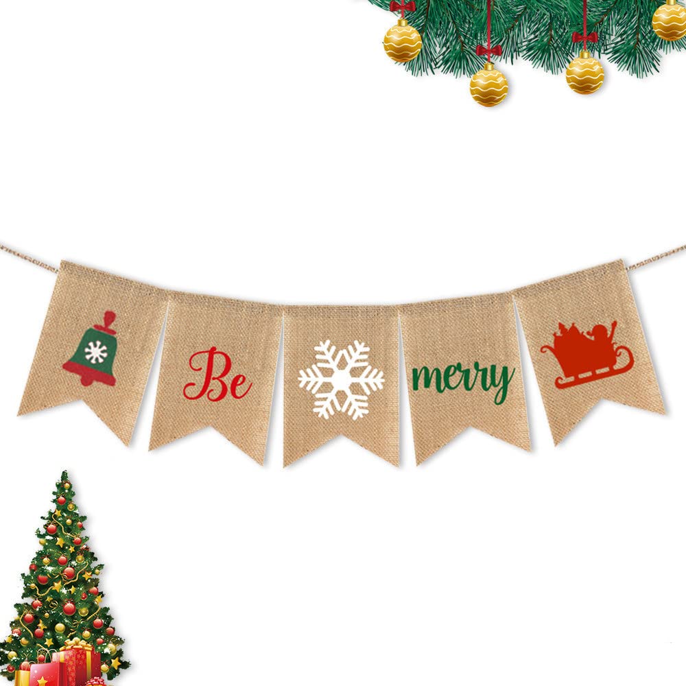 Be Merry Burlap Banner, Merry Christmas Banner Santa Claus Bell Snowflake Xmas Decorations for Home Office Indoor Outdoor Tree Mantel Fireplace Wall Decor